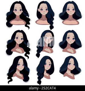 Gestaltung einer weiblichen Anime-Figur. Anime Frisuren Perücken. Isoliertes Haarset. Vektorabbildung Stock Vektor