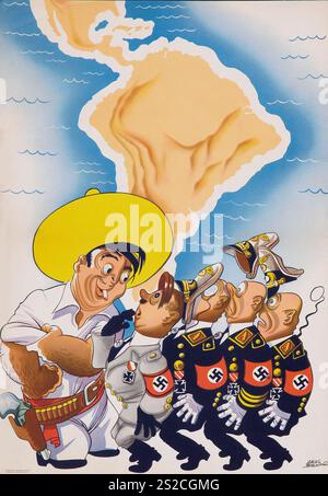 Amerikanisches Propagandaplakat des Zweiten Weltkriegs (U.S. Office of Inter-American Affairs, 1942) in diesem Poster zeigt der Künstler Arias Bernal einen südamerikanischen Freund, der das Land vor Hitler und seinen Handlanger schützt Stockfoto