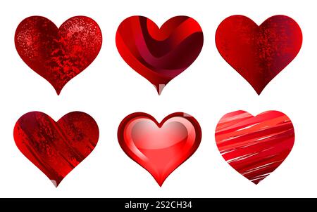 Set von künstlerisch gezeichnet mit Strichen von hellroter Farbe, strukturierten Valentinstag auf weißem Hintergrund. Valentinstag-Design. Stock Vektor