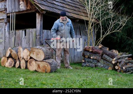 Ein reifer älterer Mann bereitet sich darauf vor, mit einem Müll Holzscheite für Brennstoff für Holzbrenner zu schneiden, um sich auf die bevorstehende Wintersaison im Komitat zala ungarn vorzubereiten Stockfoto