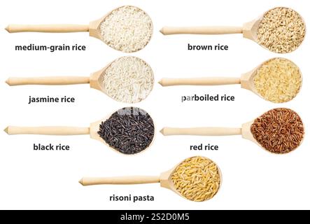 Set von oben Ansichten von Holzlöffel mit verschiedenen Ritzen mit Namen isoliert auf weißem Hintergrund Stockfoto