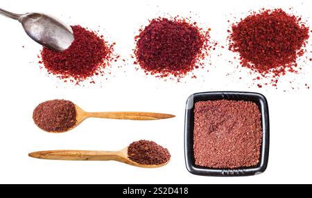 Set aus verschiedenen Massensumac isoliert auf weißem Hintergrund Stockfoto