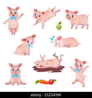 Süße kleine rosa Schweine. Zeichentrickfiguren, verschiedene Aktionen, Posen und Emotionen, lustiges Haustier-Maskottchen für Kinder, Stickerpackung. Haussäugetiere Stock Vektor