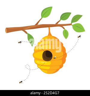 Gelber Bienenstock hängt an einem Baumzweig Bienen fliegen. Honigbienenstock isoliert auf weißem Hintergrund. Vektorabbildung Stock Vektor