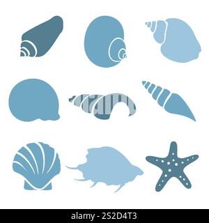 Stellen Sie verschiedene blaue Muscheln und Seesterne isoliert auf weißem Hintergrund. Sea Shell Vector Kollektion. Stock Vektor