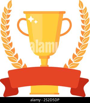 Auszeichnungen flach. Sport-Trophäe, goldene Tasse, Lorbeerkränze und rotes leeres Band, Siegersymbol-Abzeichen. Meisterschaft und Turnierbecher. Unternehmen Stock Vektor