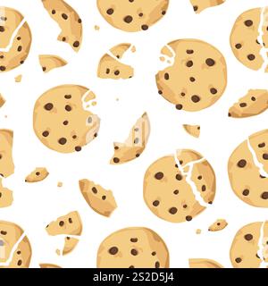 Nahtloses Muster, Hintergrund mit traditionellen Cookies mit Schokoladenchips. Gebissen, gebrochen, Keksbrösel. Frisch gebackene Choco-Kekse. Vektor Stock Vektor