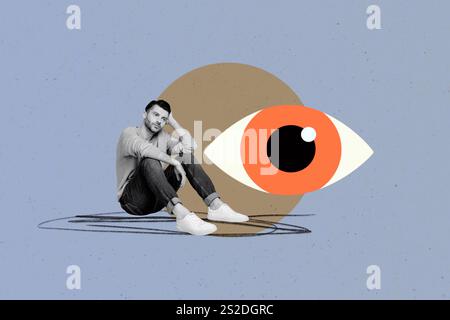Trend Artwork Collage Vorlage Composite Skizze von jungen Mann sitzen sich Sorgen Angst Geist Burnout überwältigt großes Auge religiös sehen Fokus Stockfoto