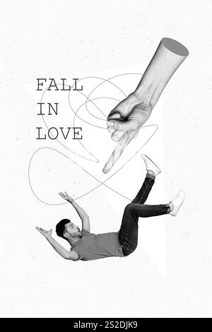 Kreatives Foto 3D Collage Kunstwerk Poster Postkarte eines verrückten Mannes unerwarteter Verliebungsfall lag unter einem großen Arm isoliert auf Malhintergrund Stockfoto