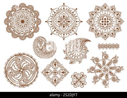 Indische Mehndi-Elemente. Hautzeichnung Henna. Traditionelle orientalische Ornamente. Ethnische Muster. Mandala-Kreise. Hindi-Paisley-Schriftrollen. Mendy Line Stock Vektor