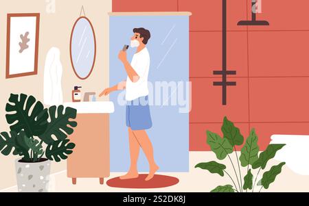 Der Mann rasiert sich. Tägliches Hygieneverfahren. Männliche Gesichtshaut-Pflege. Mann im Badezimmer mit Spiegel. Verfahren zum Entfernen von Borsten. Toilette innen. Alltägliche Routine. Ho Stock Vektor
