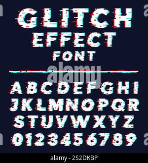 Glitcheffekt-Schriftart. Trendige, moderne Buchstaben und Zahlen. Visuelles Rauschen. Digitales verzerrtes Alphabet. Schriftart mit unterbrochenen Pixeln. Cyber-Schriftzeichen Stock Vektor