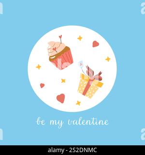 Happy valentine Day Card - Be My valentine. Romantische Karte mit süßen Süßigkeiten und Geschenk. Stock Vektor