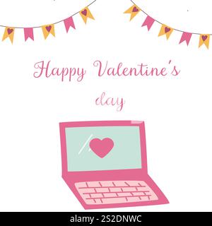 Herzlicher Glückwunsch zum valentinstag mit Laptop und Herzdekor. Stock Vektor