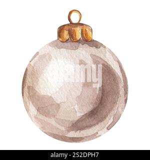 Silberfarbenes beiges Glaskugel-Weihnachtsbaumspielzeug. Glänzende Neujahrsdekoration in leuchtendem Kristall. Handgezeichnete Aquarellillustration isoliert auf weißem Hintergrund Stockfoto