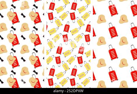 Reisekoffer auf Rädern, Sonnenbrille und Hut mit breiter Krempe nahtloses Muster Set 3. Welttourismustag. Isolierte Vektor-Illustration Thematische Karten, Posting, Banner oder Web-Promo-Broschüren, Preisschilder Stock Vektor