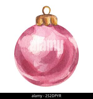 Weihnachtsbaumspielzeug aus rotem Burgunderglas. Glänzende Neujahrsdekoration in leuchtendem Kristall. Handgezeichnete Aquarellillustration isoliert auf weißem Hintergrund Stockfoto