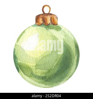 Weihnachtsbaumspielzeug mit grüner Glaskugel. Glänzende Neujahrsdekoration in leuchtendem Kristall. Handgezeichnete Aquarellillustration isoliert auf weißem Hintergrund. Für Stockfoto