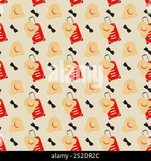 Reisekoffer, Sonnenbrille und Mütze mit breiter Krempe nahtlos. Touristischer Hintergrund oder Hintergrundbild. Isolierte Vektor-Illustration Thematische Karten, Poster, Banner oder Web-Promo-Broschüren, Preisschilder Stock Vektor