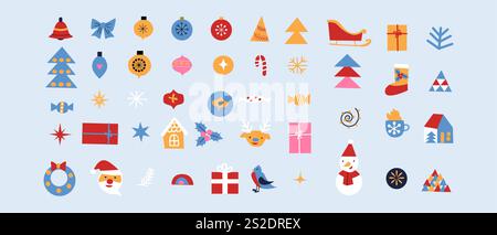 Festliche weihnachtssymbole: Ornamente, Bäume, Geschenke und saisonale Symbole für die Weihnachtsgestaltung. Stock Vektor