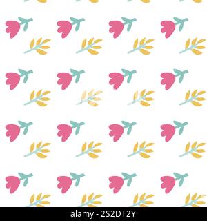 Buntes Blumenmuster mit rosa Tulpen und gelben Zweigen auf weißem Hintergrund. Stock Vektor