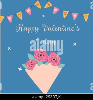 Karte zum Happy valentine's Day mit Blumenstrauß und Herzen auf blauem Hintergrund. Stock Vektor