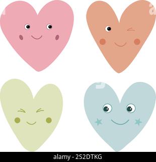 Valentinstag. Niedliches rosa Herz mit Gesicht. Formen von Liebessymbolen auf weißem Hintergrund. Set zum Valentinstag. Herzen sind pastellfarben, scandi-Farben Stock Vektor