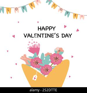 Blumenstrauß zum Happy valentine's Day mit Liebesgirlande und Herzen. Stock Vektor