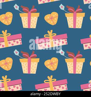 Farbenfrohe Geschenkboxen und nahtloses Herzmuster für festliche Feiern. Stock Vektor