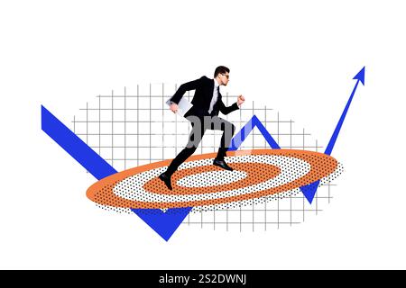 Trend Artwork Template Design 3D Collage Skizze von Ziel Business Erfolg Trader Status Job Beruf Beschäftigung junger Mann Gehen Pfeil Stockfoto