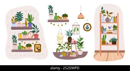 Set verschiedener Zimmerpflanzen in Blumentöpfen. Stock Vektor