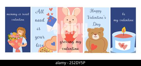 Vertikales Kartenset zum Happy valentine Day. Mami ist süßer valentinstag, sei mein valentinstag, alles braucht deine Liebe, wächst meine Liebe. Romantische Karten mit süßem Saibling Stock Vektor