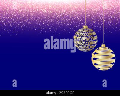 Goldene Kugeln im Hintergrund. Fallendes glänzendes Konfetti mit Goldsplittern. Grußkarte mit strahlendem Lichteffekt für Weihnachten oder Neujahr. Stock Vektor