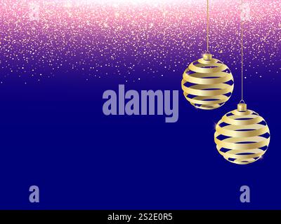 Weihnachtskarte. Goldene Kugeln und herabfallendes glänzendes Konfetti mit Goldsplittern. Grußkarte mit strahlendem Lichteffekt für Weihnachten oder Neujahr. Stock Vektor