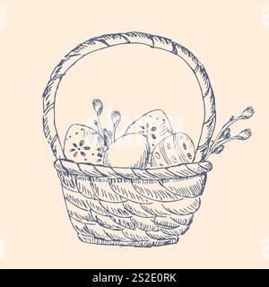 Happy easter Grafikkorb mit Eiern und Zweigen. Handgezeichnete Umrissskizze mit Frühlingsblumen. Bleistiftzeichnung Kunst. Stock Vektor