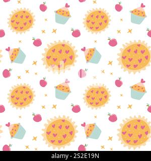 Süßes Dessertmuster mit Kuchen, Cupcakes und Äpfeln auf weißem Hintergrund. Stock Vektor