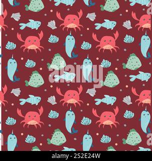 Farbenfrohe Unterwasserwelt mit Krabben, Fischen und Muscheln auf kastanienbraunem Hintergrund. Stock Vektor