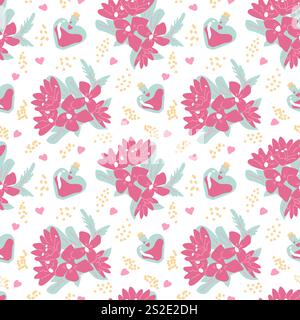 Herzmuster mit rosafarbenen Blüten und herzförmigen Flaschen. Stock Vektor
