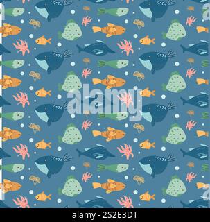 Farbenfrohe Meeresbewohner mit Walen, Fischen und Meerespflanzen. Stock Vektor