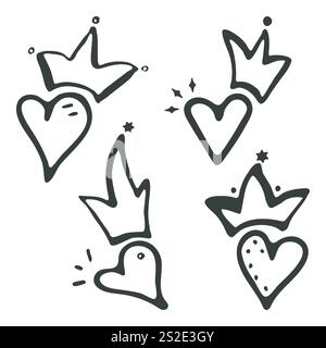 Herzkrone Formen Doodle Cartoon Stil Set, Love Concept Komposition. Handgezeichnete Pinsellinie. Umrisse gekräuselte isolierte Elemente, schwarz Stock Vektor