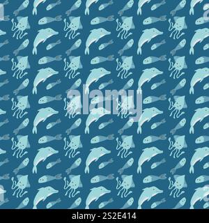Nahtloses Meerestiermuster mit Tintenfisch, Wal und Tintenfisch auf blauem Hintergrund. Stock Vektor