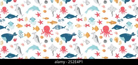 Farbenfrohe Meeresbewohner mit Walen, Delfinen und Oktopussen. Stock Vektor