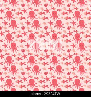 Verspieltes Marinemuster mit Oktopussen und Seesternen in Pastelltönen. Stock Vektor