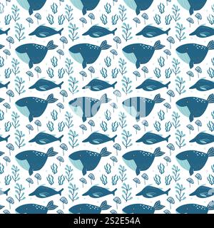 Blauwale und Fischmuster mit Algen auf weißem Hintergrund. Stock Vektor