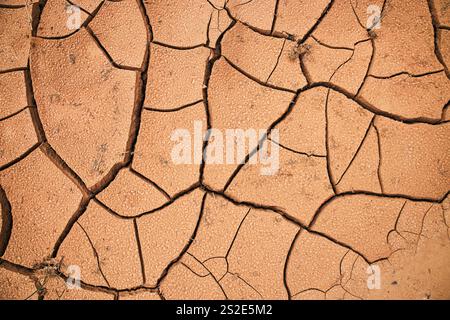 Trocknungsrisse, die ein charakteristisches Muster im Tonboden bilden. Natürlicher Hintergrund. Weltklima, Wasserkrise. Geplatzte Erde. Takir, takyr-Böden Stockfoto