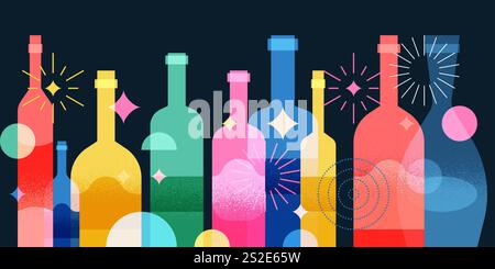 Bunte transparente Weinflaschen und Feuerwerk auf schwarzem Hintergrund. Vektorabbildung. Abstraktes geometrisches Partybanner oder Poster. Alkoholisch, nicht al Stock Vektor