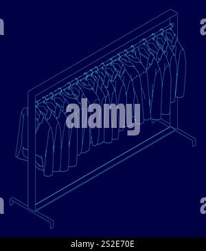 Blaue Zeichnung eines Kleiderständers mit einer Reihe von Jacken drauf. Die Jacken sind alle in verschiedenen Farben und Stilen, und das Gestell ist aus Metall. Sc Stock Vektor