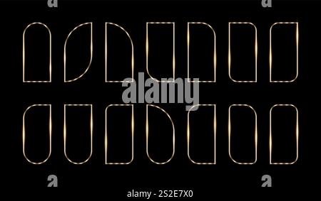 Goldener, dünner Rahmen im Art-Deco-Stil auf schwarzem Hintergrund, minimalistische geometrische Vektorbogen-Figur, die blendet Stock Vektor