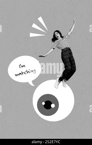 Kreatives Foto 3D Collage-Kunstwerk Poster Bild einer besorgten Dame, die ins Auge fällt und ihre Isolation im Malhintergrund beobachtet Stockfoto