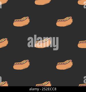 Nahtloses Hot-Dog-Muster. Fast Food Hintergrund. Gezeichnetes Lebensmittelmuster Stockfoto